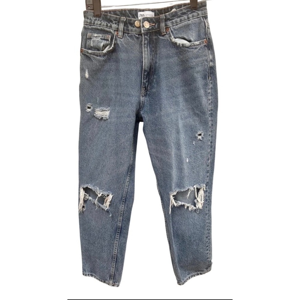 Zara Distressed High Waisted Mom Jeans Blue Medium Wash Denim Size 6